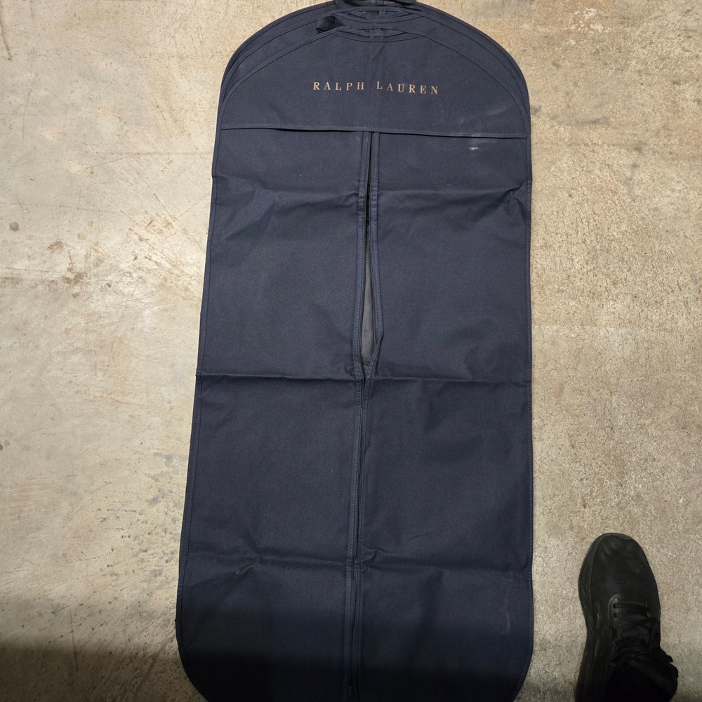 Ralph Lauren Navy Blue Canvas Travel Garment Bag Suit Cover Gold Logo 52 Inch
